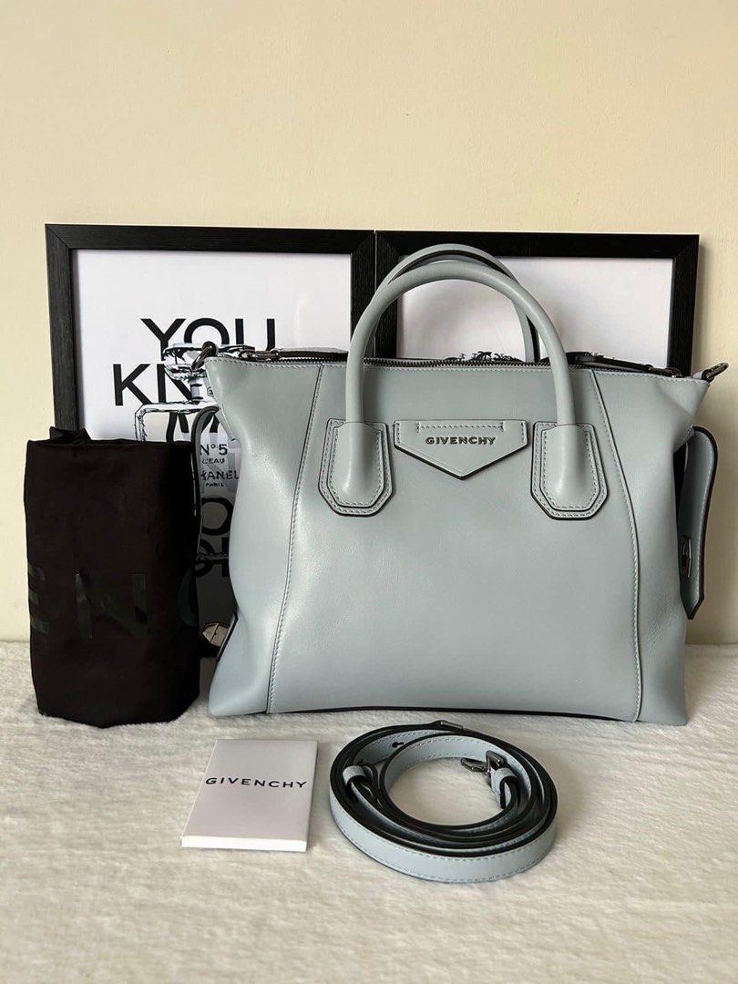 Givenchy Soft Leather Small Antigona Bag (Category: Luxury Bags & Wallets) located in Manila. Submitted by bagislifeshop (Listing ID 1229452910, Image 1). Description: ▪️Givenchy Soft Leather Small Antigona Bag▪️ ☑️Available in Pampanga ✅Condition: 8.8/10 ✅Material: Soft calf leather ✅Colour: Ice blue in gunmetal hardware ✅Inclusion: dustbag, long strap, tag and booklet .
