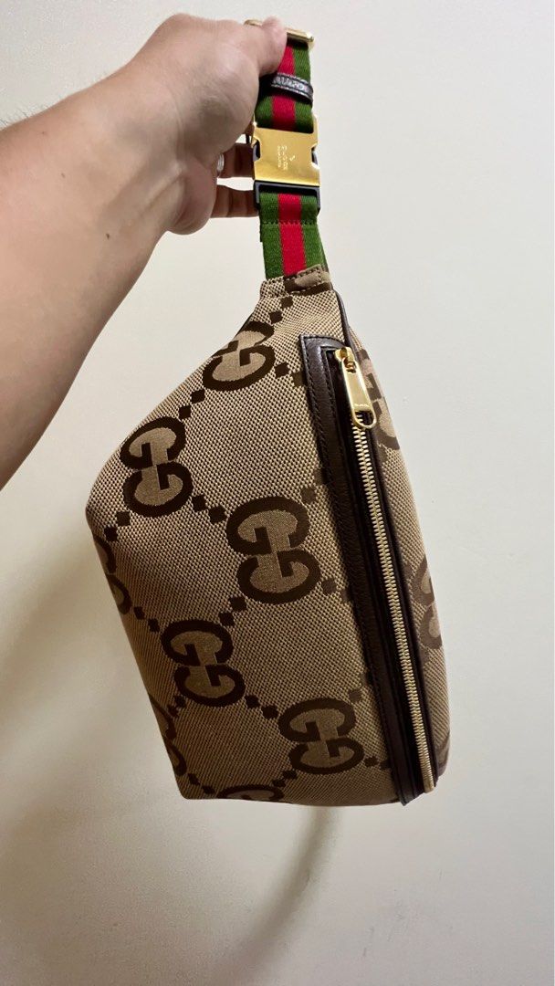 Authenticated Gucci Jumbo GG Brown Beige Canvas Fabric Belt Bag