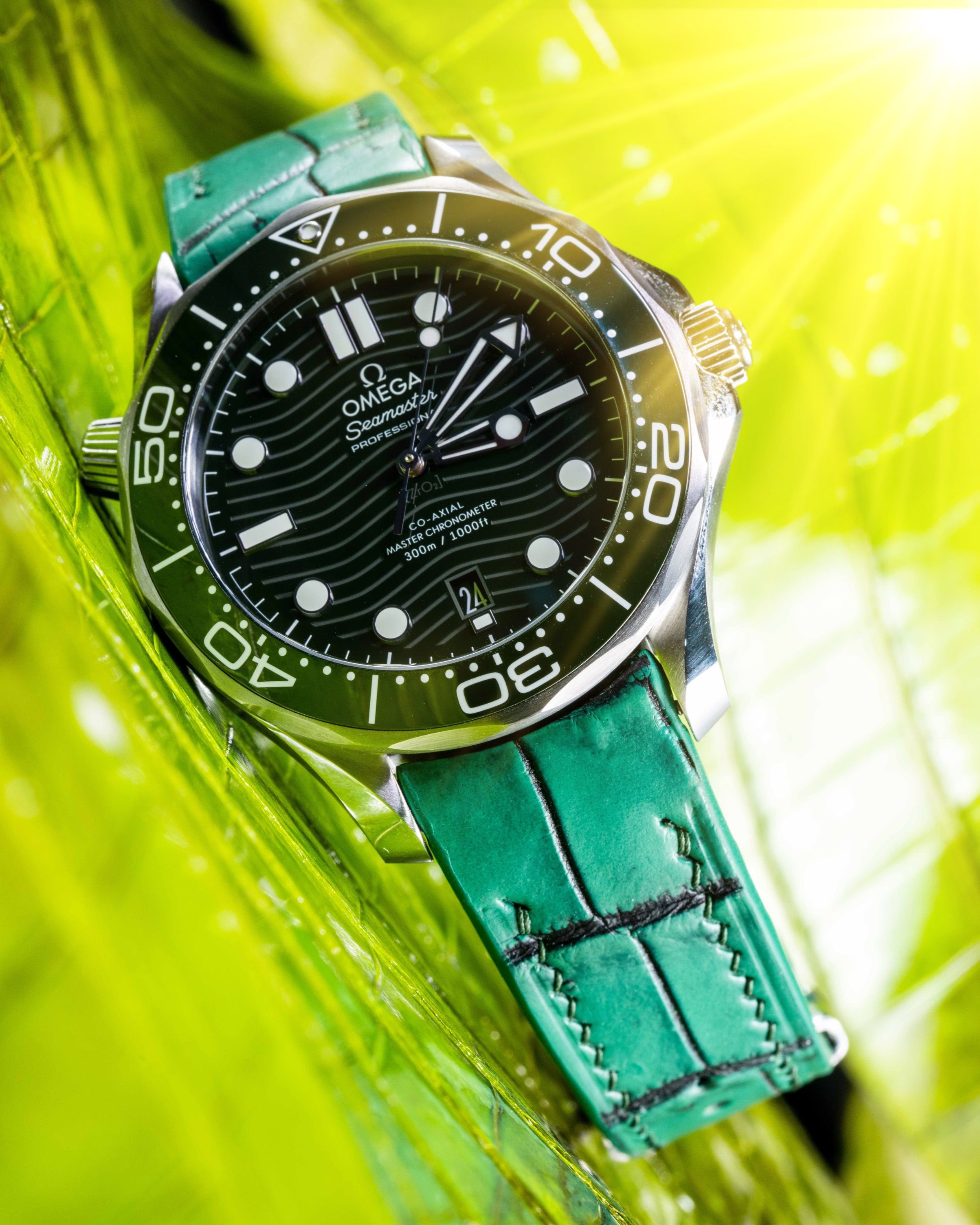 Handmade Hand stitched Watch Strap in Ombre Green Crocodile Leather For Client s Omega Watch
