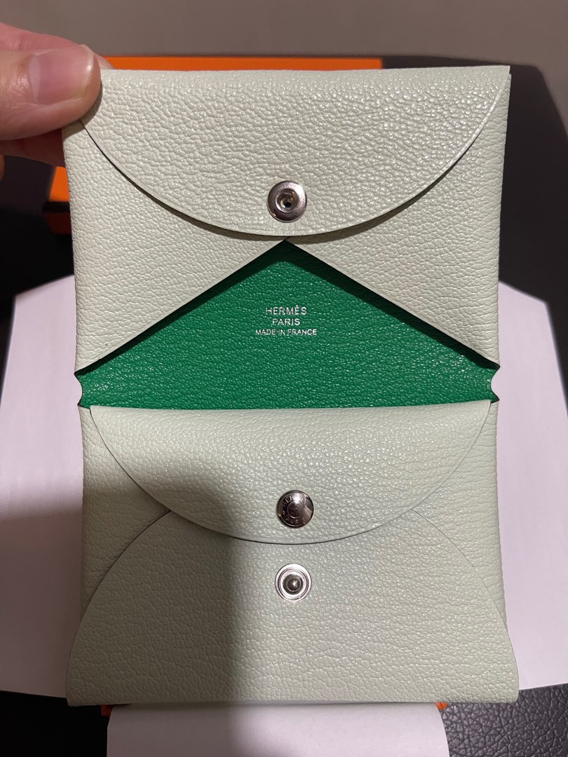 BNIB Hermes Calvi Duo Compact Card Holder Wallet Evercolor Vert