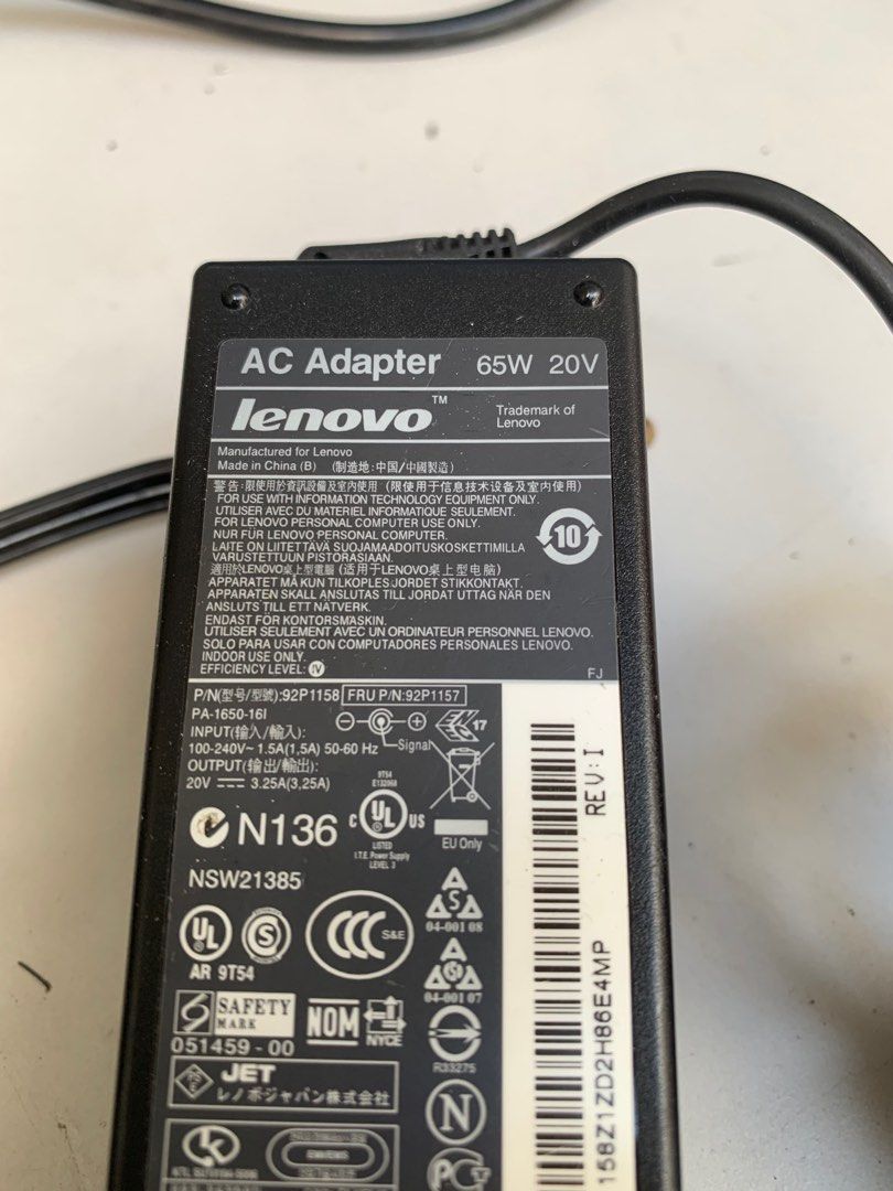 Lenovo Laptop Power Adaptor & Charger 20volts 65watts (Category: Chargers) located in Paranaque City. Submitted by seb_trading (Listing ID 1229496122, Image 3). Description: good condition charger with power cord round crown plug to laptop 220volt autovolt Lenovo original item last price SAV3, Paranaque area.