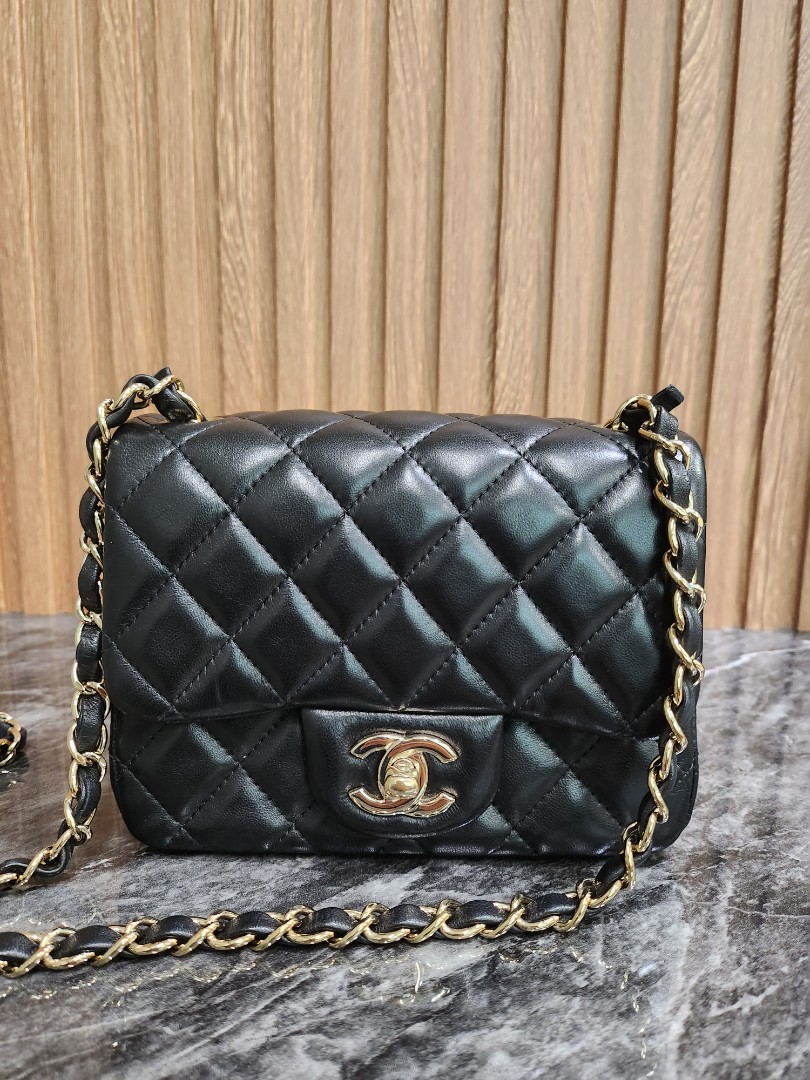 Like New* Chanel Mini Square Flap Black Lamskin with Light Gold Hardware,  Luxury, Bags & Wallets on Carousell