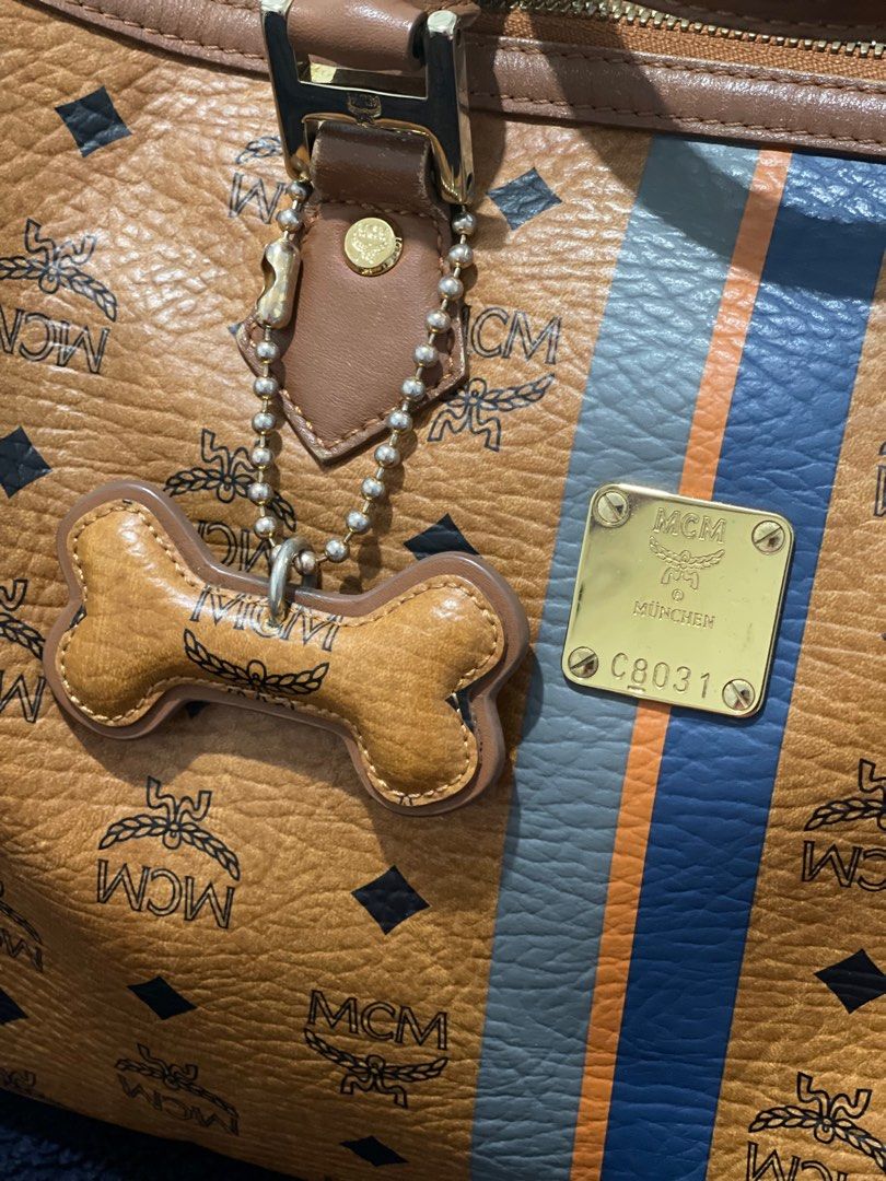 Authentic MCM Boston Bag In Cognac w/ Bone Charm
