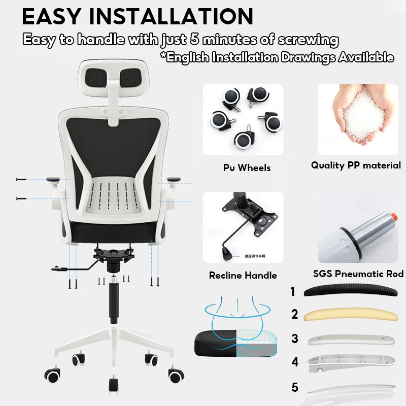 Mesh Office Chair Reclining 90125° Highback Nylon feet, Furniture