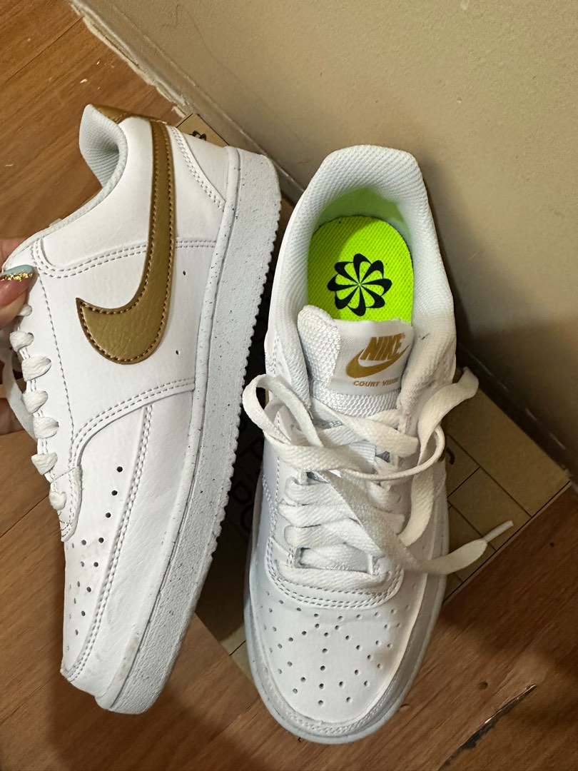 Nike Court Vision Low Next Nature Shoes in White w Gold Swoosh