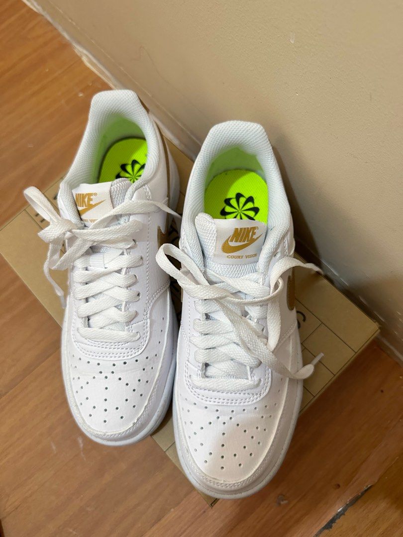 Nike Court Vision Low Next Nature Shoes in White w Gold Swoosh