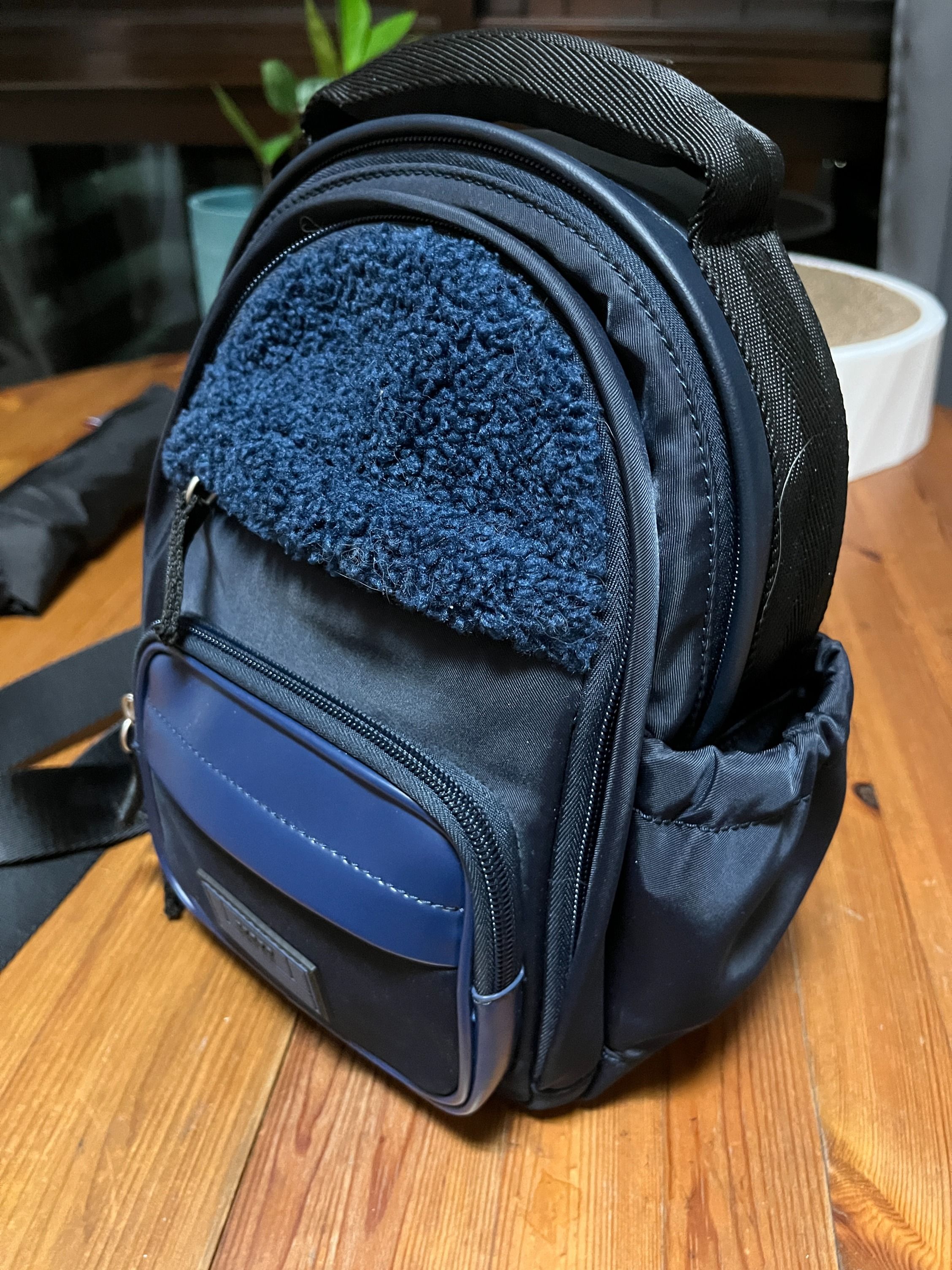 PEDRO - Ready for weekend with a twist of mini backpack? This Two-Way Faux  Fur Mini Backpack is rendered in a cool navy tone, and conceived with  nylon, microfiber and faux fur. #