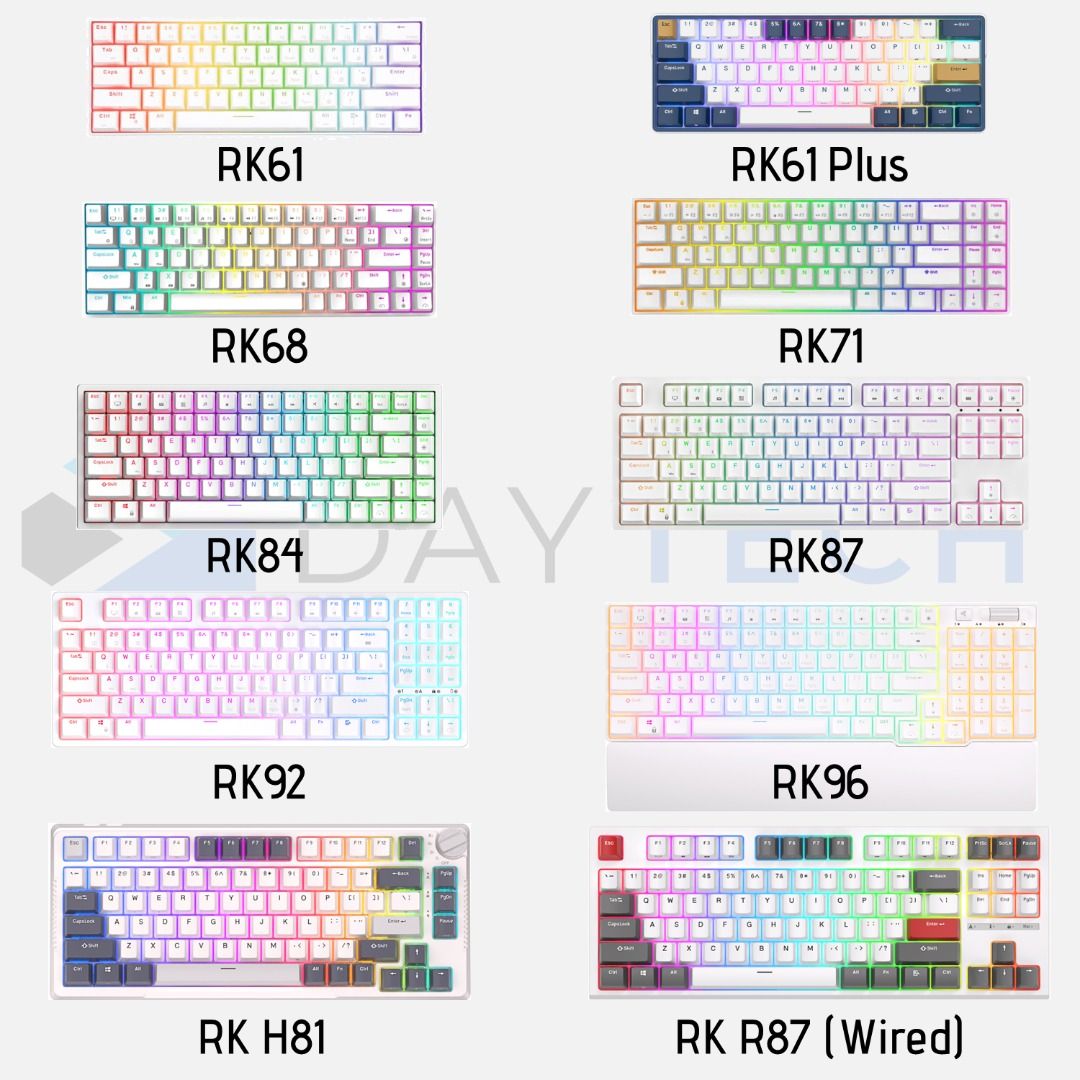 RK61 RK71 RK68 RK84 RK100 60% Mechanical Gaming Keyboard Royal Kludge Wireless Bluetooth (Category: Computer Keyboard) located in Singapore. Submitted by daytech (Listing ID 1024903706, Image 3). Description: ✅Ready Stock in SG ✅Brand New in Box ✅100% Authentic Royal Kludge Product (Authorized Reseller) ✅Wireless via Bluetooth/USB Dongle ✅One Month Local Warranty RK61 non-Hotswap $55- White with White Backlight (Red, Brown, Blue) $59- White with 