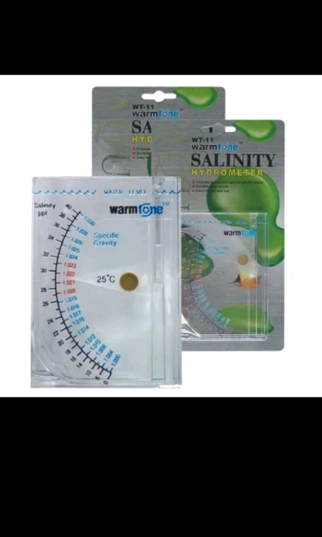Salinity Hydrometer (Category: Homes & Other Pet Accessories) located in Singapore. Submitted by jnetjnjn (Listing ID 1229587104, Image 1). Description: Salt/sea salt content measuring tool Model: Warmtone WT-11 Features: - Includes salinity and specific gravity scales - Durable clear acrylic - Easy to read and use - Suitable for marine water aquarium enthusiast.