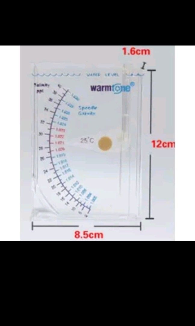 Salinity Hydrometer (Category: Homes & Other Pet Accessories) located in Singapore. Submitted by jnetjnjn (Listing ID 1229587104, Image 2). Description: Salt/sea salt content measuring tool Model: Warmtone WT-11 Features: - Includes salinity and specific gravity scales - Durable clear acrylic - Easy to read and use - Suitable for marine water aquarium enthusiast.