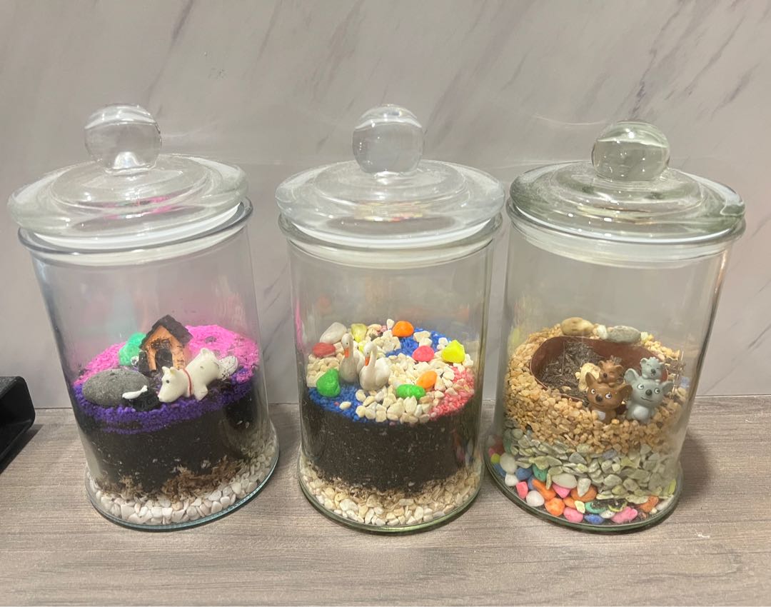 Terrarium jars (3 jars with figurines), Furniture & Home Living