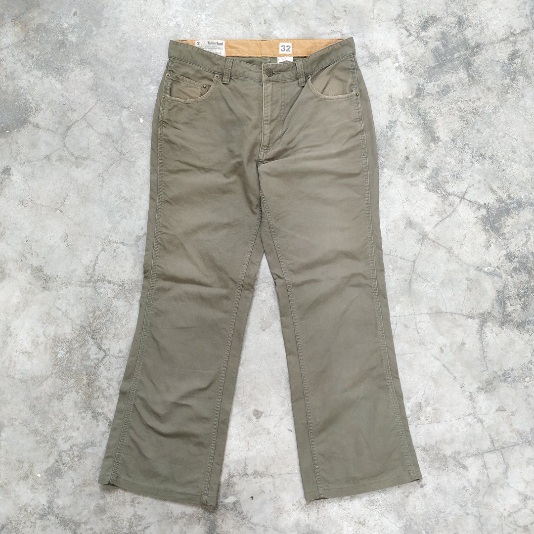 SALE 34 TIMBERLAND JEANS RUGGED OUTDOOR OLIVE GREEN COLOR STRAIGHT CUT REGULAR BOOT FIT MEN SIZE COTTON CAMP HIKE LEATHER PATCH