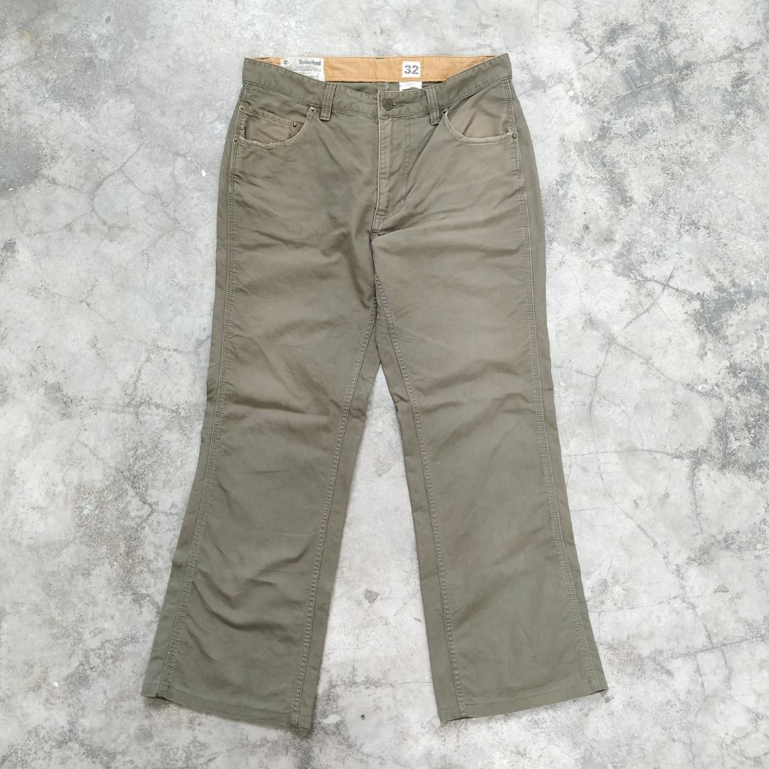 SALE 34 TIMBERLAND JEANS RUGGED OUTDOOR OLIVE GREEN COLOR STRAIGHT CUT REGULAR BOOT FIT MEN SIZE COTTON CAMP HIKE LEATHER PATCH