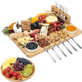 Bamboo Cheese Board Set Charcuterie Platter Board Cheese Wine Party Serving Wooden Chopping Board with Cheese Knives Set