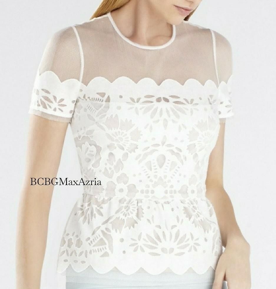 BCBG Top short sleeve blouse Lace pretty PEPLUM WHITE Fits XS S