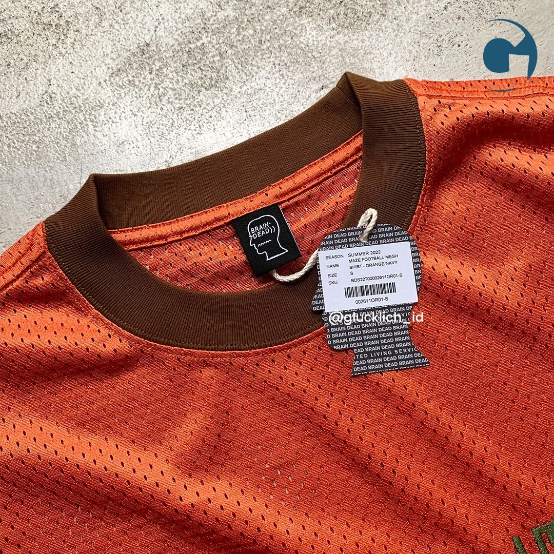 Brain Dead, Maze Football Mesh Shirt in Orange/Navy, Fesyen Pria  