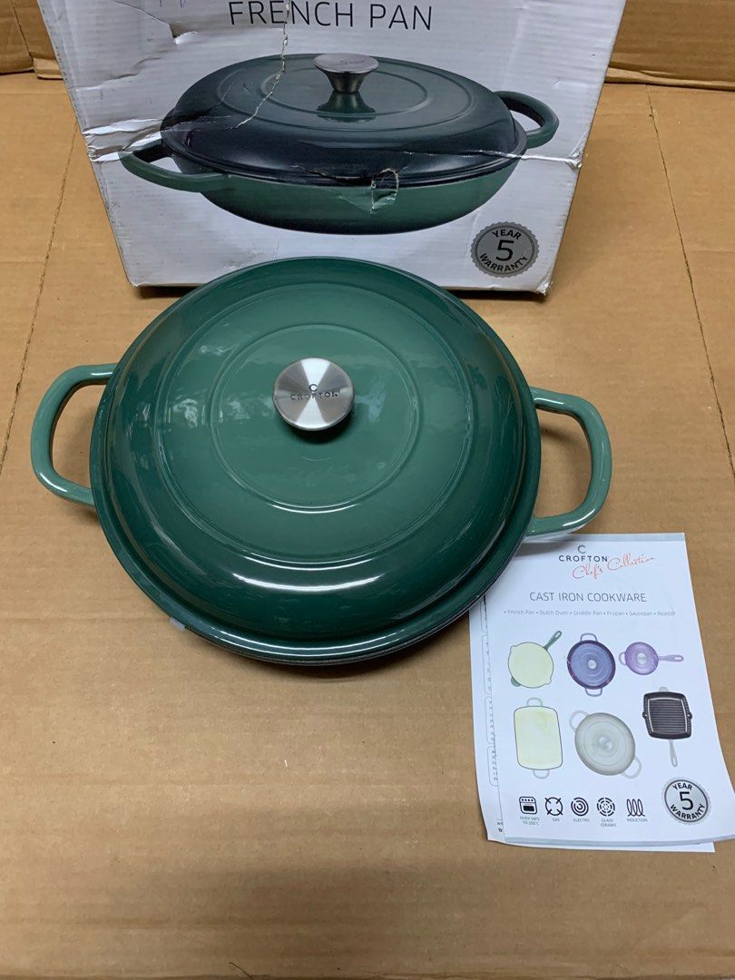 Sold at Auction: Collection of vintage cast iron cookware incl. Le Creuset-  French made, and Crofton lidded pan in green. Crofton pan is 30cm Dia, 12cm  H overall.