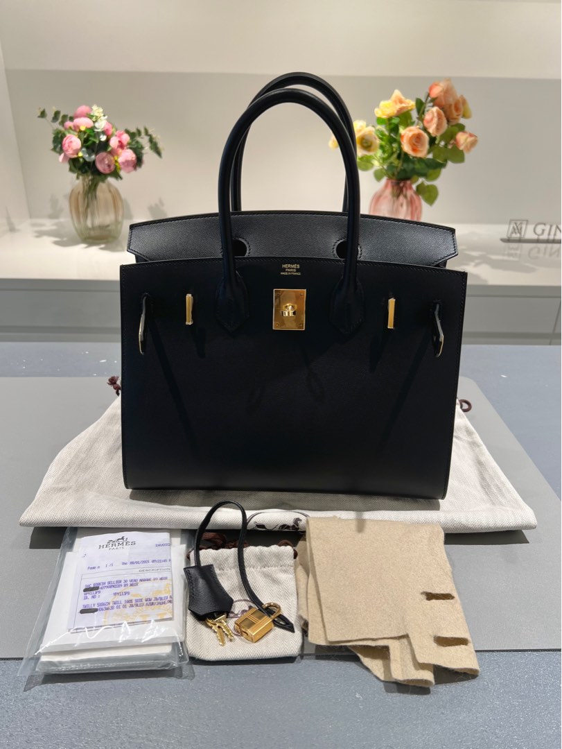 A BLACK MADAME LEATHER SELLIER BIRKIN 30 WITH GOLD HARDWARE