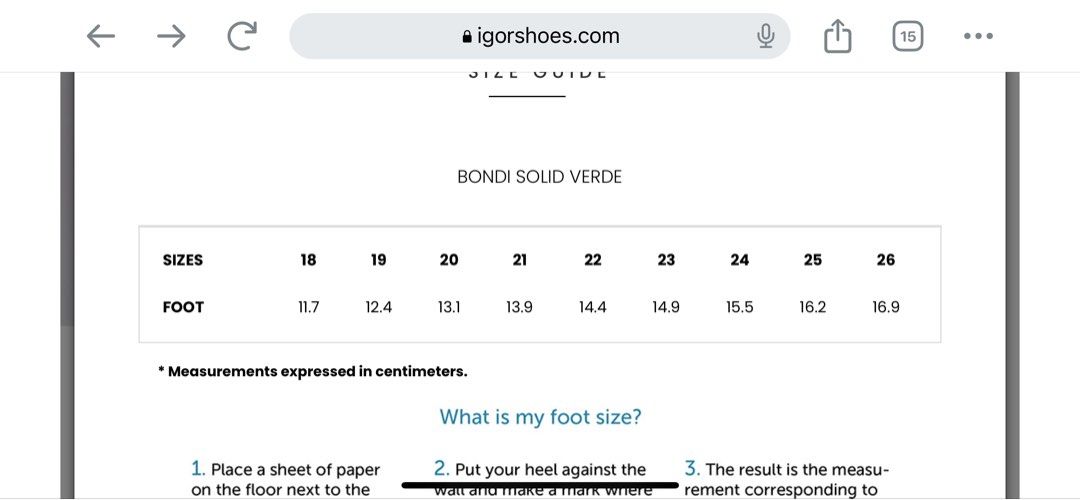 Igor sandals size best sale chart
