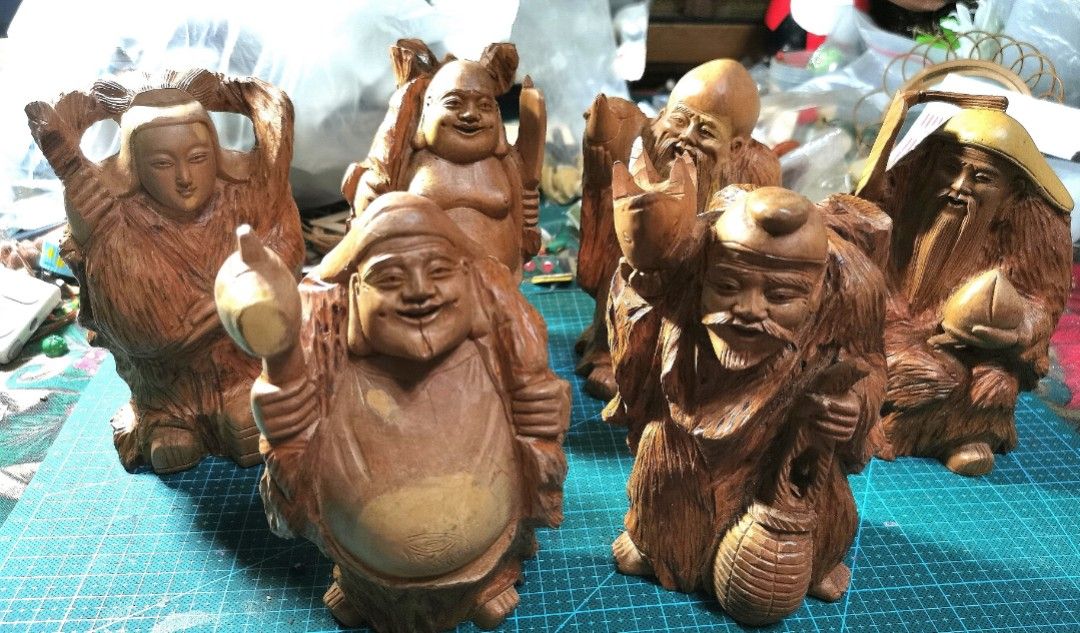 Japanese Lucky Gods (Category: Vintage Collectibles) located in Quezon City. Submitted by belikabim2014 (Listing ID 1231261090, Image 1). Description: 6 pcs All solid wood carved items From Japan Delivery via courier pick up buyer's booking Novaliches location.