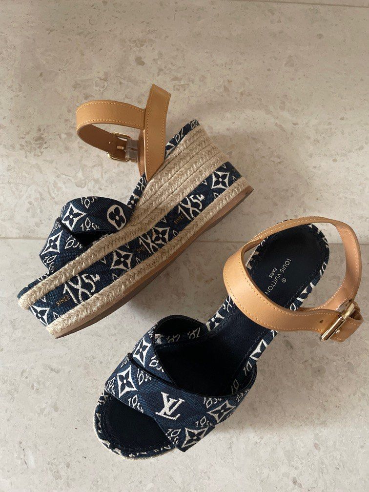 Louis Vuitton Leather and Monogram Denim Espadrilles Wedge Sandals