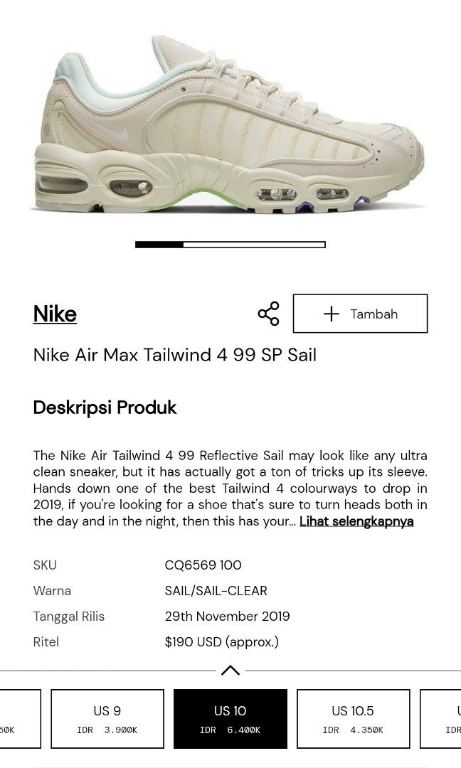 Nike Air Max Tailwind 4 99 SP Sail Original, Fesyen Pria, Sepatu