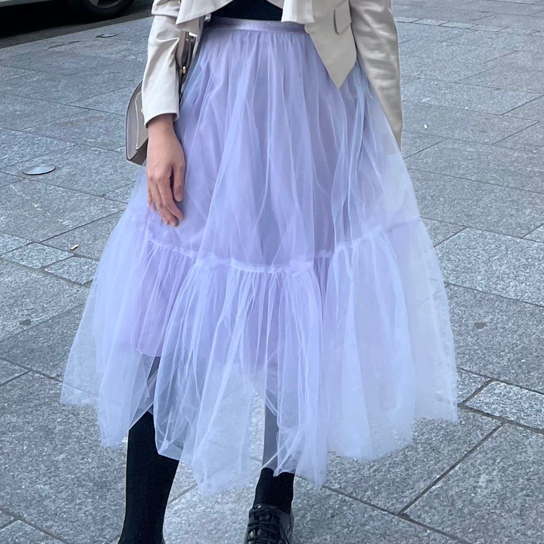 Lilac Tulle Long Skirt with Shiny Elastic Waist Band Purple