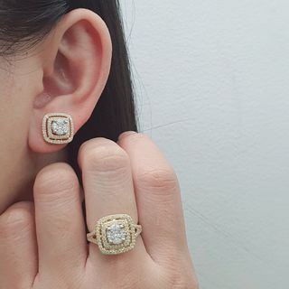 Square Diamond Set Earrings and Ring for Rush Sale