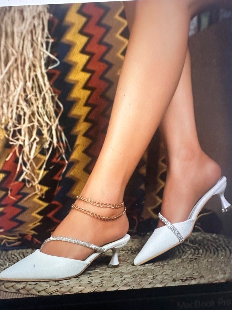 White Mule Pumps Rhinestone Point toe Women s Fashion Footwear