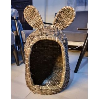 Woven Grass House with Cute Bunny Ears for Cat, Dog Or Rabbit