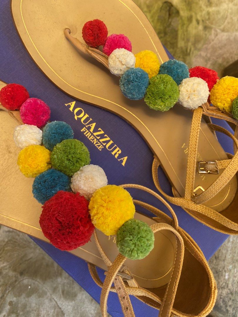 Ballerines Aquazzura Sunshine à Pompons, Rouge Suédé - Taille 37 EU / 7 US - Portées Mais En Bon état