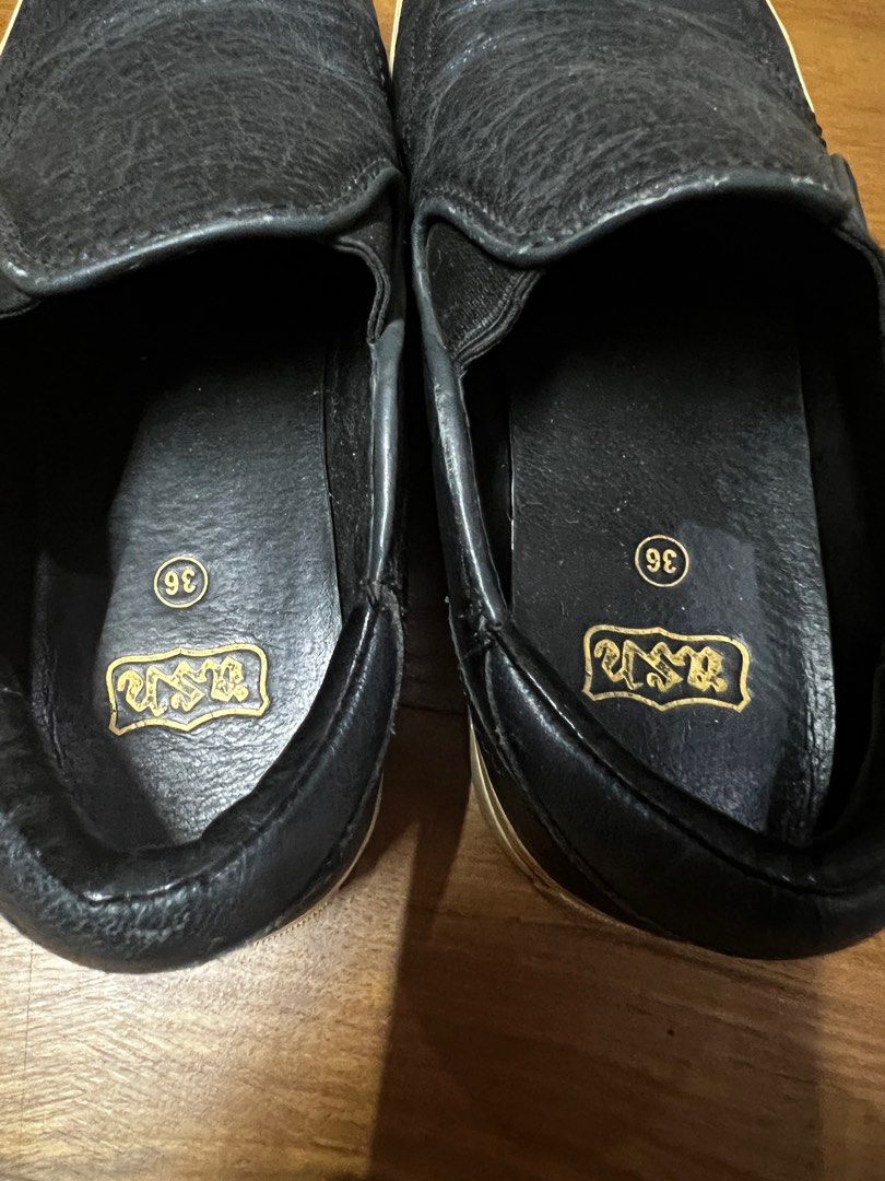 black leather slip on