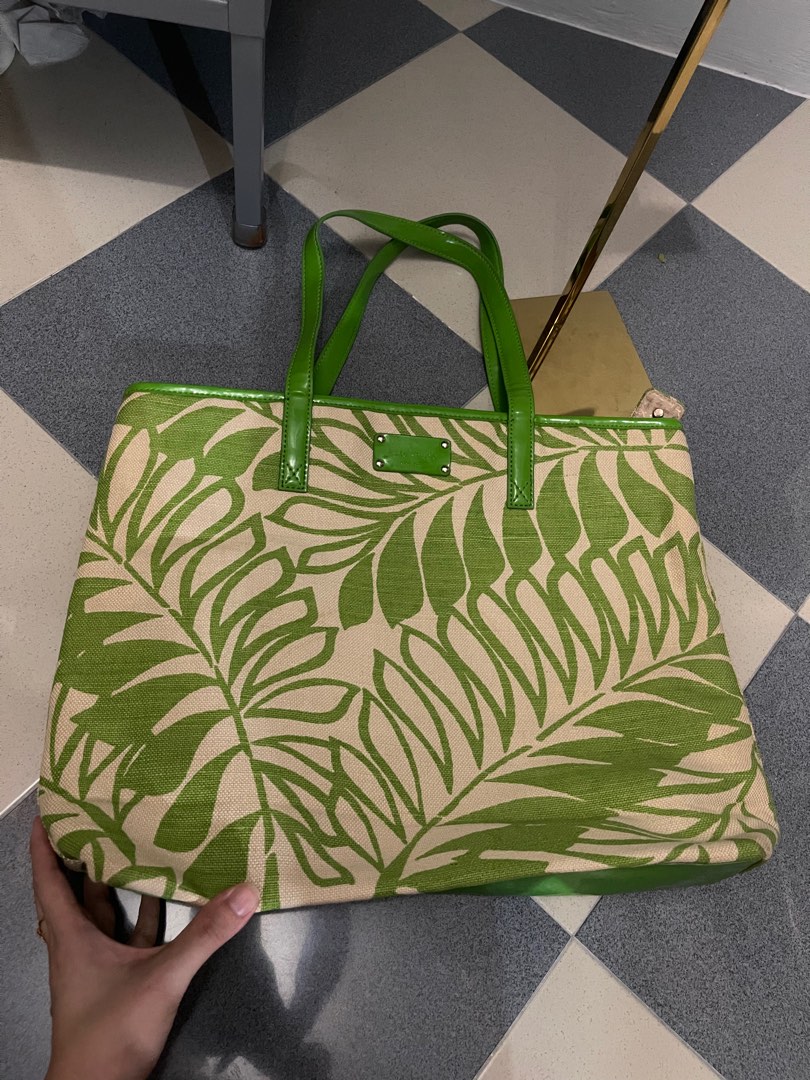 Authentic cheapest Kate Spade Green leather x leaves canvas shoulder tote bag