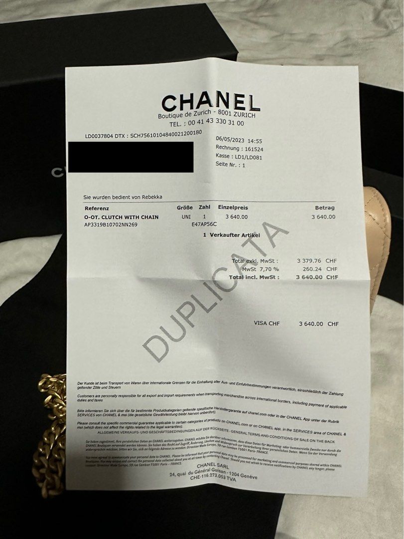 Chanel receipt on sale authentic