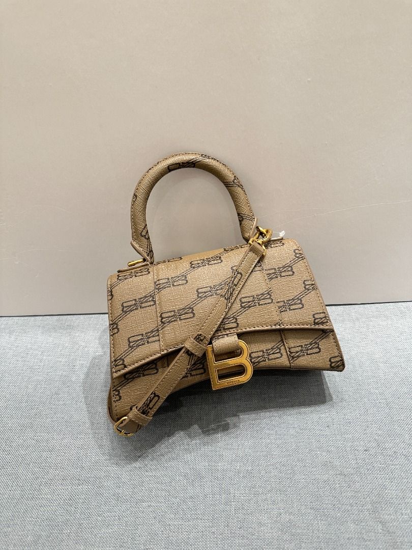 Balenciaga Hourglass Xs Bb Monogram Bag In Beige/brown