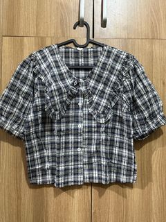 Collared Gingham Semi-Cropped Top Blouse