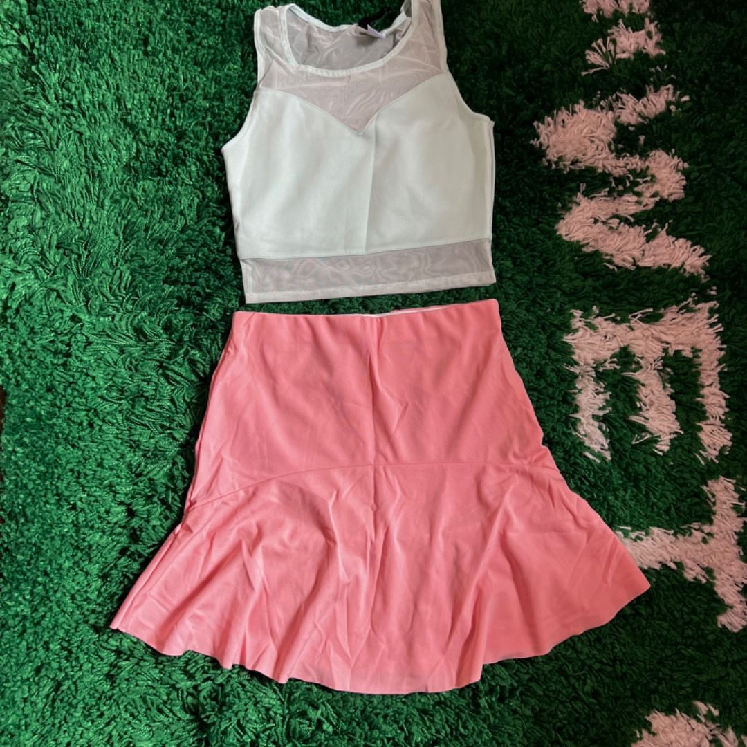 H M Chiffon Aqua Crop Top Pink Skirt XS Set