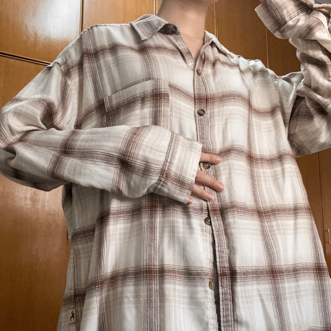 Hollister Beige Brown Oversized Checkered Flannel Shirt Women s