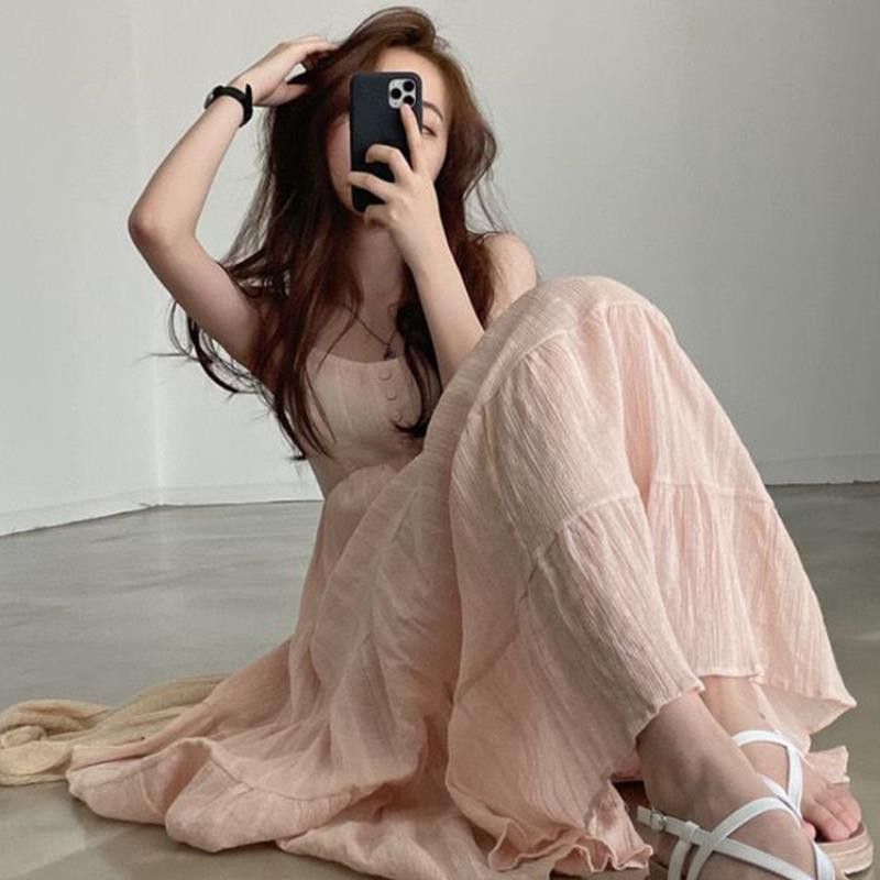 Korean chic sweet vintage elegant pink strap dress Women s