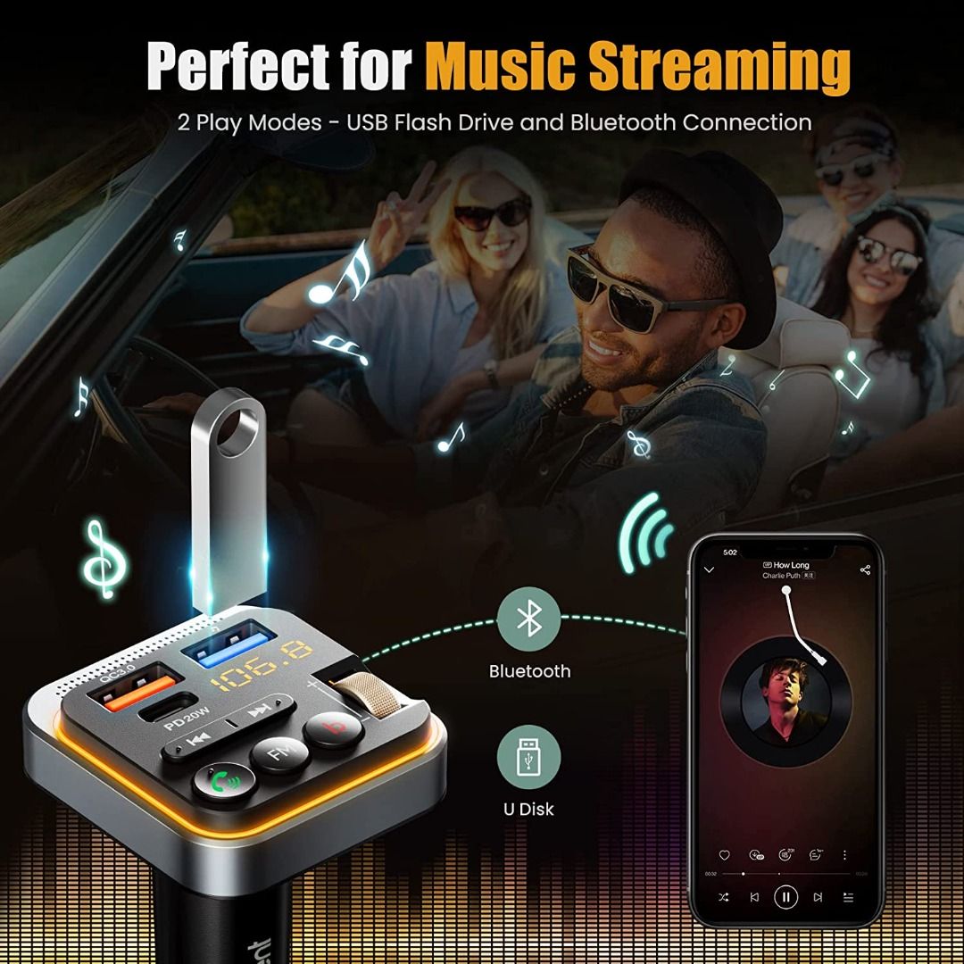 Lencent Bluetooth 5.0 FM Transmitter Car Music Player Deep Bass Hi-Fi Audio  Bluetooth Radio Adapter Dual USB 20W Fast Charging