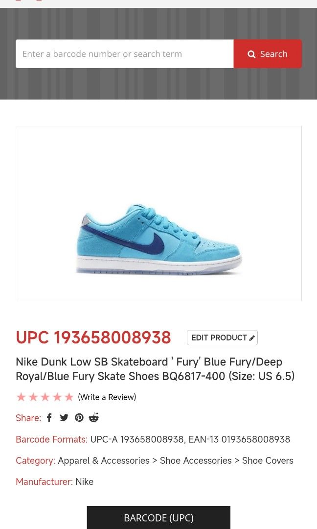  Nike Mens SB Dunk Low Pro BQ6817 400 Blue Fury - Size 6.5