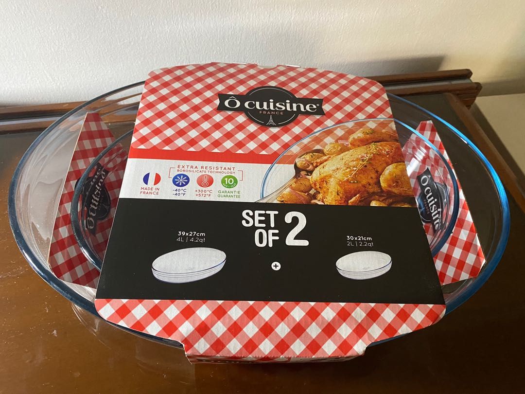 O Cuisine Borosilicate Oval Baking Tray (Category: Cookers) located in Pasig City. Submitted by erncm (Listing ID 1231312024, Image 1). Description: Brand: O Cuisine (Made in France) Description: This is a set of 2 oval baking trays (4Liters and 2 Liters). Made of Borosilicate glass material, which makes it extra resistant to high heat. Reason for selling: This was a gift but I don’t cook much..