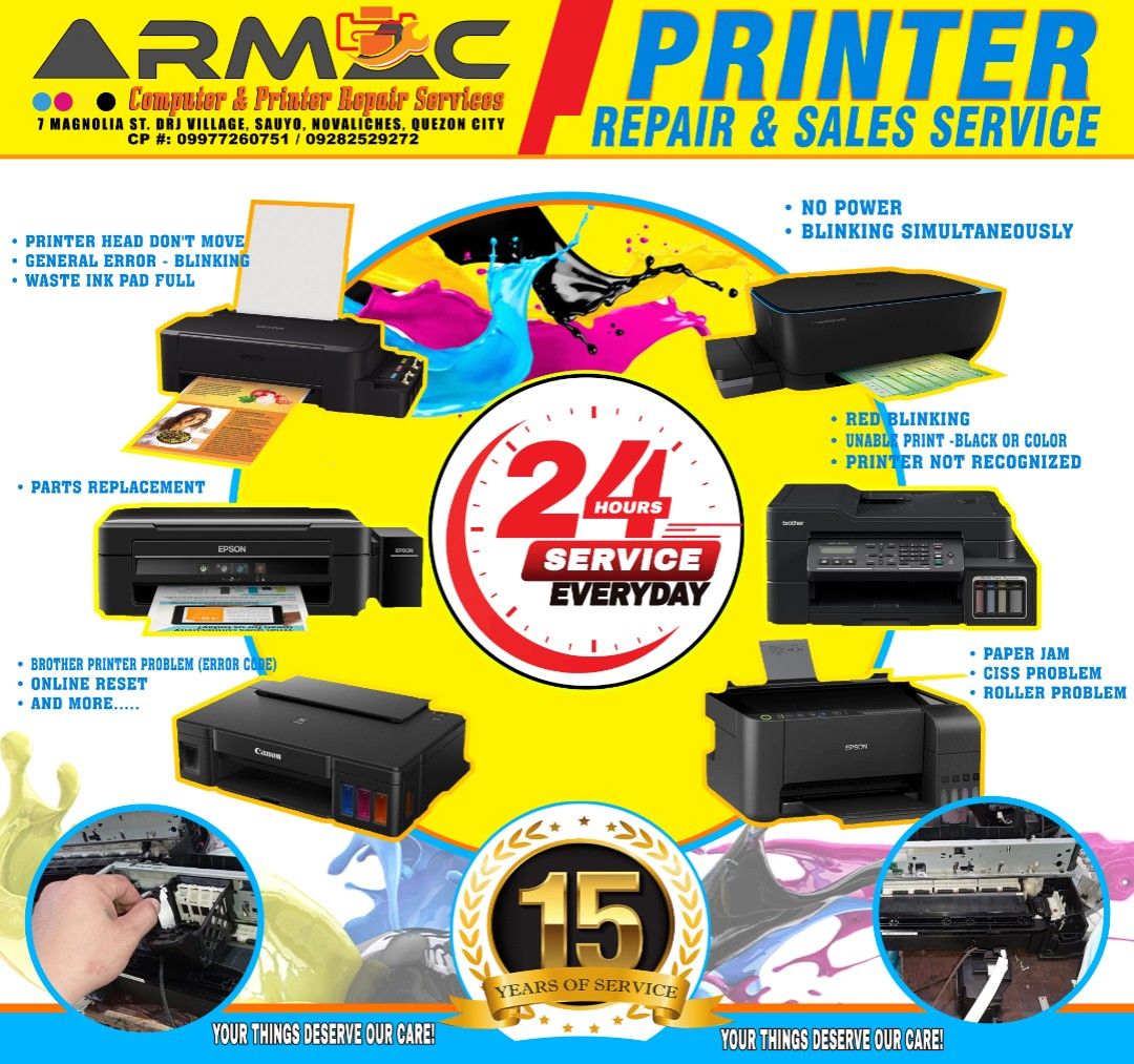 PRINTER REPAIR & SALE SALE (Category: Printers, Scanners & Copiers) located in Quezon City. Submitted by mackobe (Listing ID 1231424728, Image 1). Description: GOD IS ABOVE ALL • Paper Jam • CISS problem • Roller Problem • No Power • Blinking Simultaneously • Red Blinking • Unable Print -Black or Color • Printer Not Recognized • Printer Head Don't Move • General Error - Blinking • Waste Ink Pad Full • Parts Replacement • Brother Printer Problem (