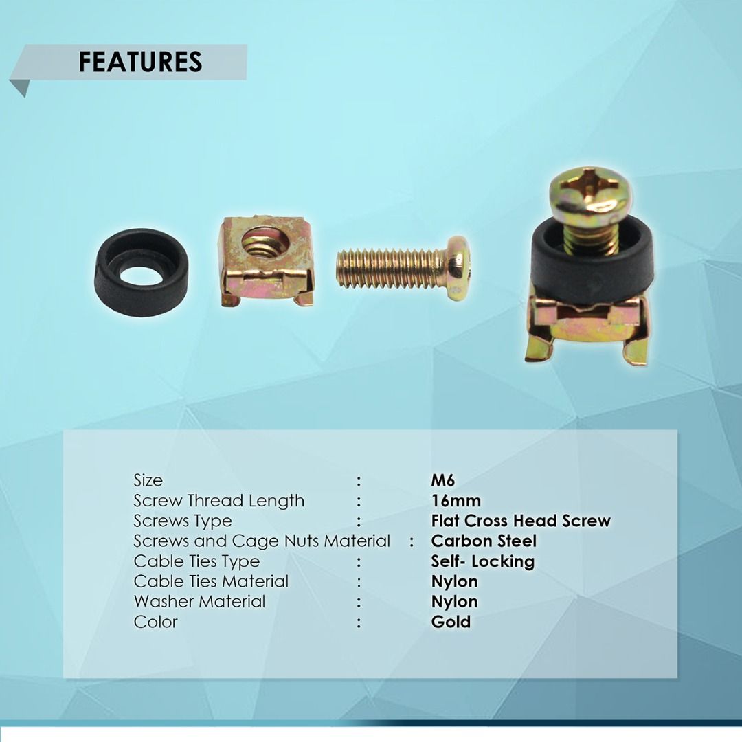 RACK MOUNT CAGE SCREWS, NUTS & WASHERS, M6x16mm CARBON STEEL GOLD, BEST ...