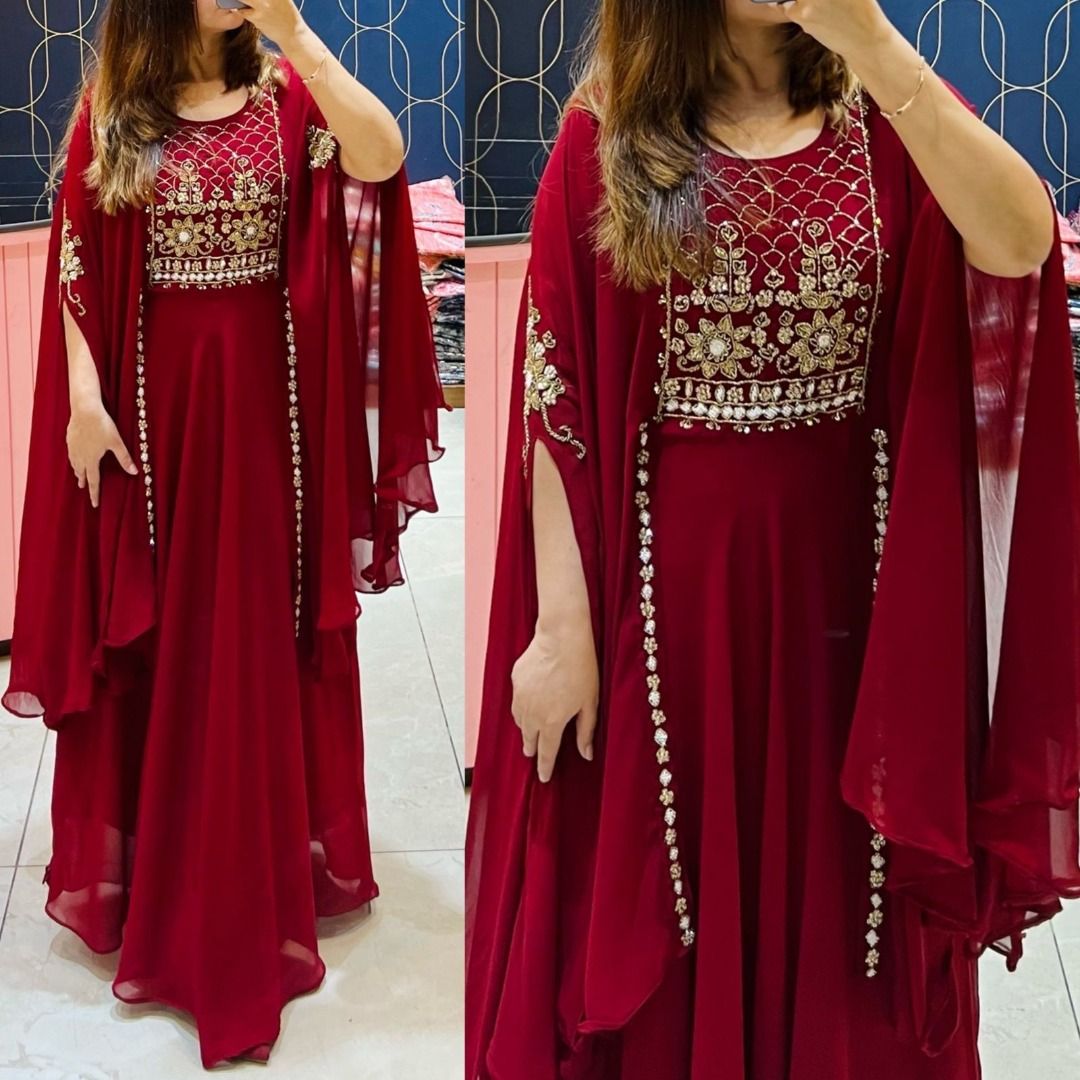 Ready Stock Partywear Georgette One Piece Gown with Linings Attached Kaftan Shrug Indian Dresses