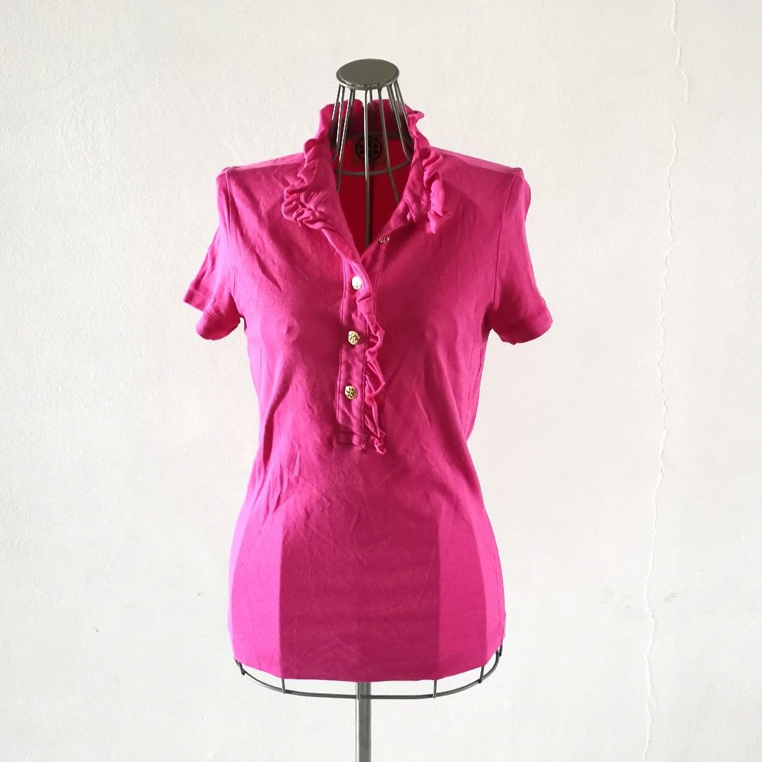 Tory Burch Lidia Hot Pink Ruffled Polo Shirt With Gold Logo Buttons