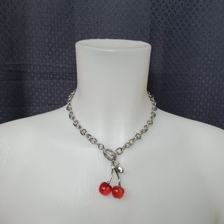 Vintage Necklace Silver Chain with Cherry Pendant
