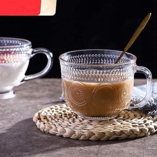 1PC 380ml Retro Embossed Sunflower Glass With Handle Milk Tea Cup Drinking Glass Coffee Mug Glass