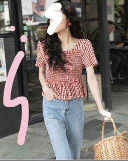 BNWT Checkered Babydoll Top in Rusty Red