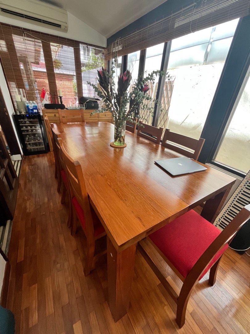 Burmese teak dining table and 8 chairs, Furniture & Home Living